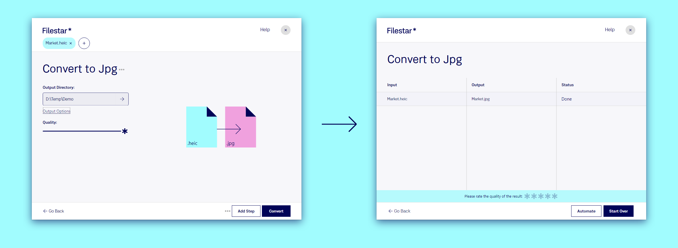 The conversion settings and the finished job